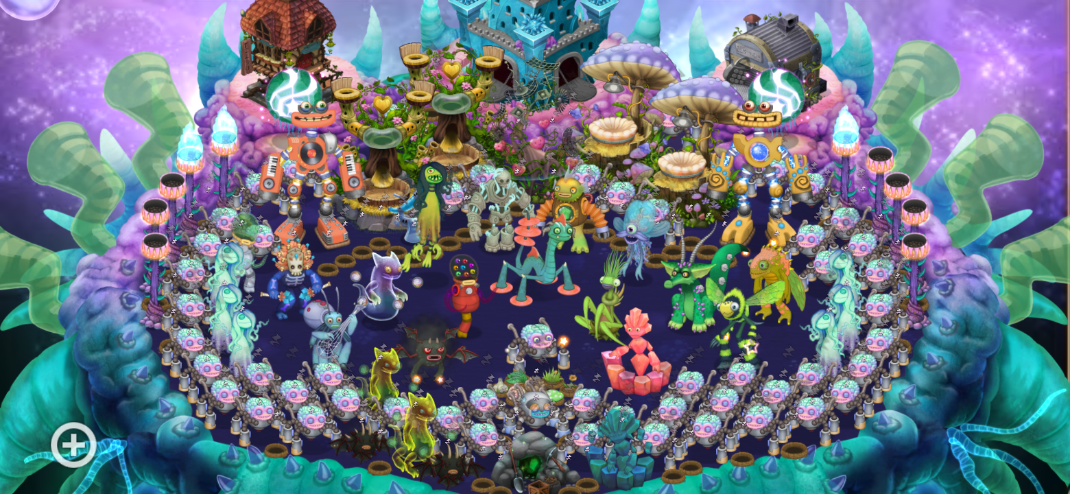 a giant alien looking creature on top of with a whole bunch of monsters singing and playing various instruments, notably there's lots of Reebros which look like a brain with eyes and mechanical limbs